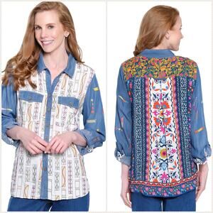 John Mark Bohemian Embroidered Long Sleeve Button Down Blouse Size S